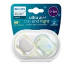 Sucettes Philips Avent Ultra Air 0-6 Mois Jour & Nuit – Lot de 2 avec Bouton Phosphorescent