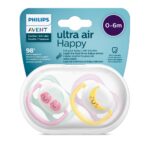 Sucettes Philips Avent Ultra Air Happy Fruits 0-6 Mois – Lot de 2 Sucettes Orthodontiques